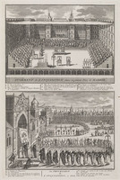 KG 11873
<br/>
Cath: Veroordeling door de Inquisitie in Madrid & Processie van de Inquisitie in Goa.
<br/>
<em>Picart, Bernard (1673-1733)</em>